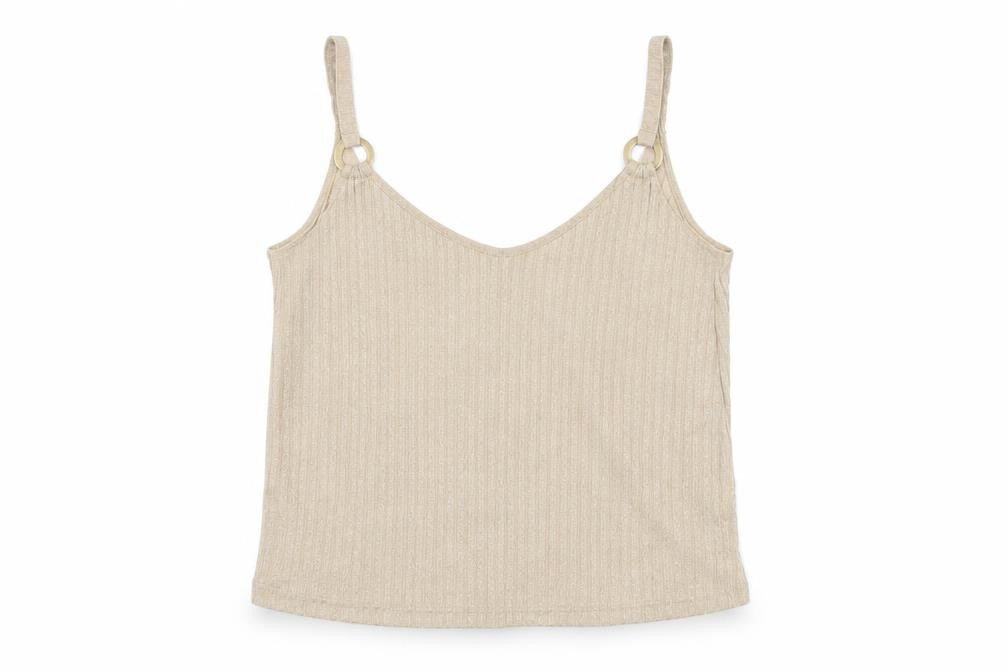 Front view of Stradivarius women’s beige polyester camisole t-shirt, size S, v-neck