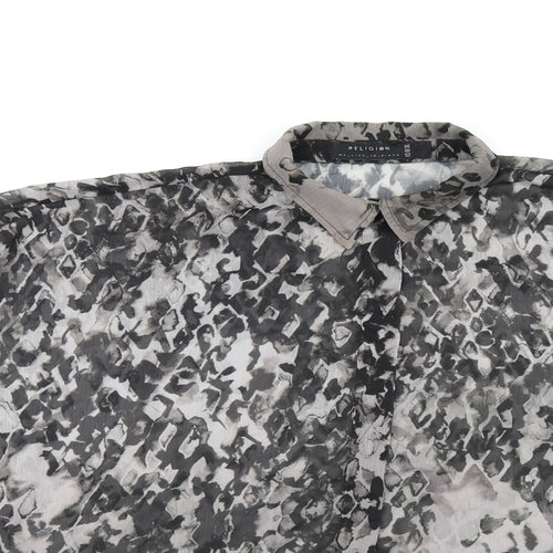 Religion Womens Grey Geometric Polyester Basic Button-Up Size 8 Collared