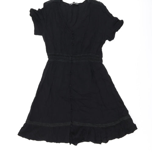 Zara Womens Black Polyester Skater Dress Size XS V-Neck Button