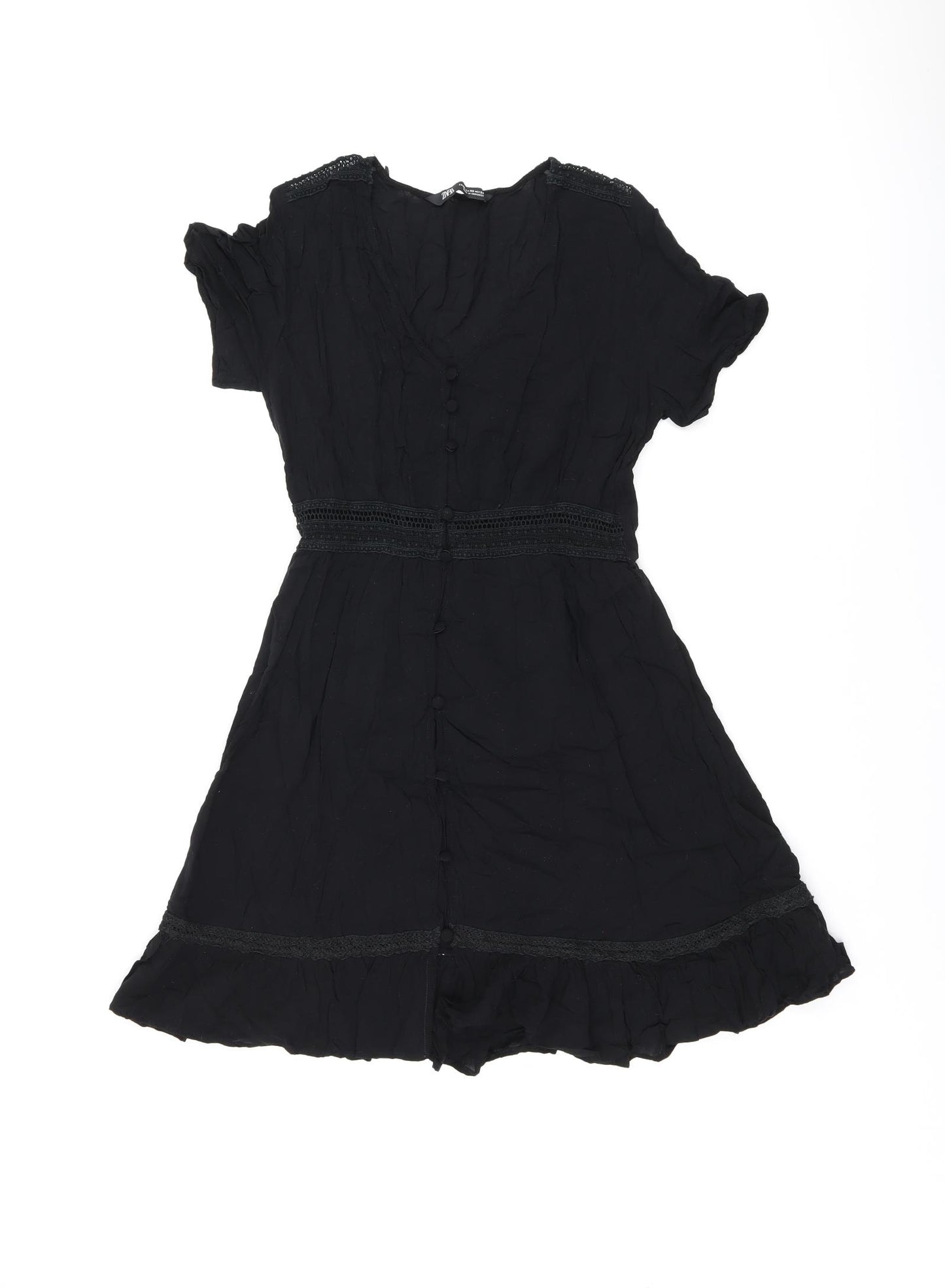 Zara Womens Black Polyester Skater Dress Size XS V-Neck Button