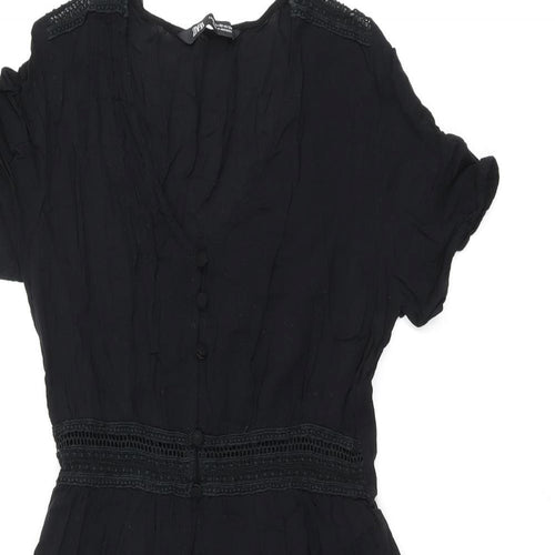 Zara Womens Black Polyester Skater Dress Size XS V-Neck Button