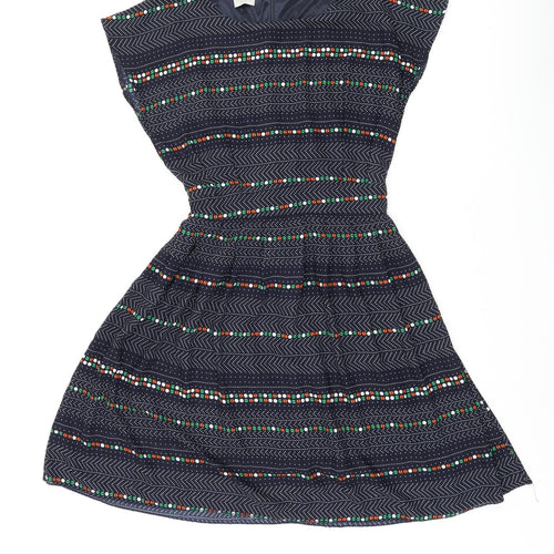 Instant Vintage Womens Blue Geometric Polyester Skater Dress One Size Boat Neck Zip
