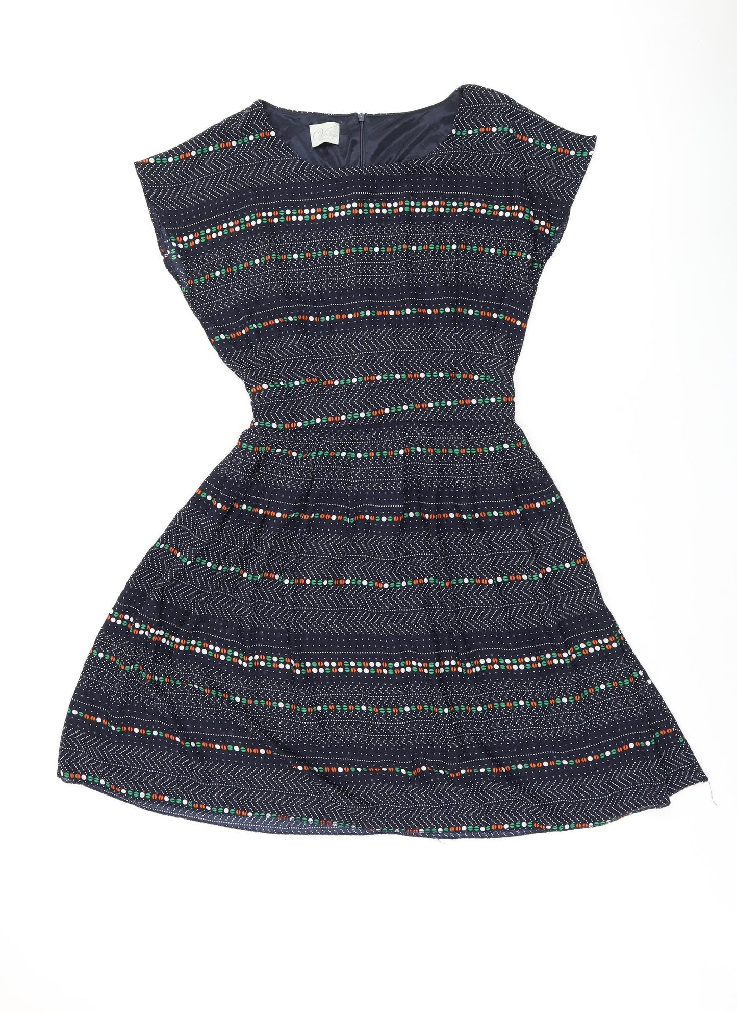 Instant Vintage Womens Blue Geometric Polyester Skater Dress One Size Boat Neck Zip