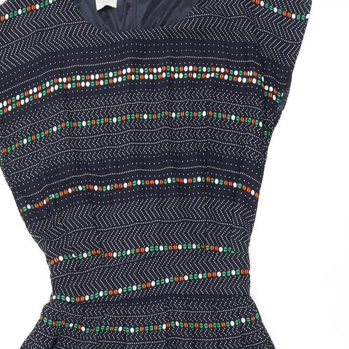 Instant Vintage Womens Blue Geometric Polyester Skater Dress One Size Boat Neck Zip