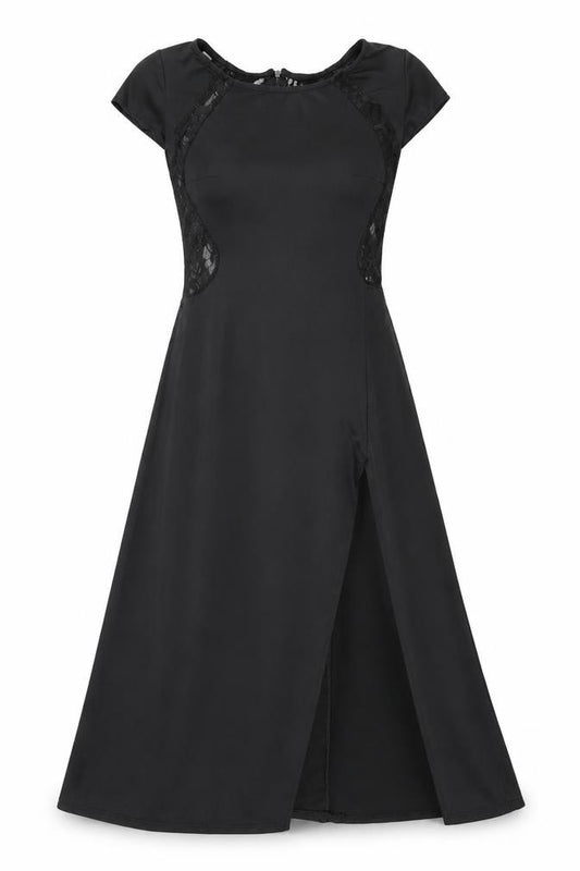 Front view of Balu Oke women’s black polyester a-line, size M, boat neck zip