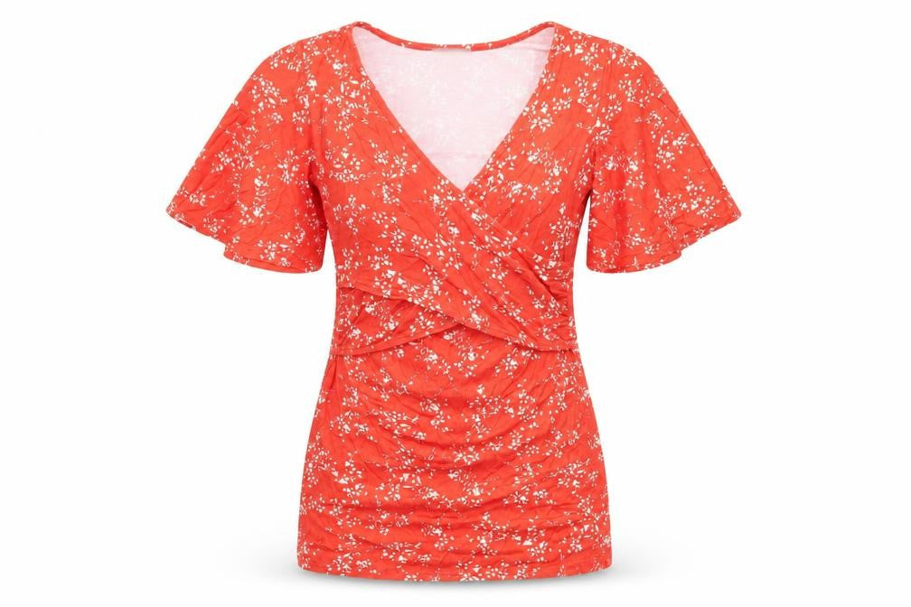Envie de Fraise Womens Red Floral Polyester Basic T-Shirt Size 6 V-Neck - Size 6/8