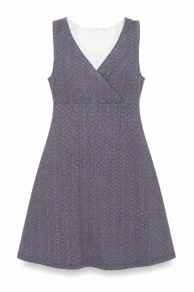 Front view of Ayacucho women’s blue geometric viscose a-line, size L, v-neck pullover