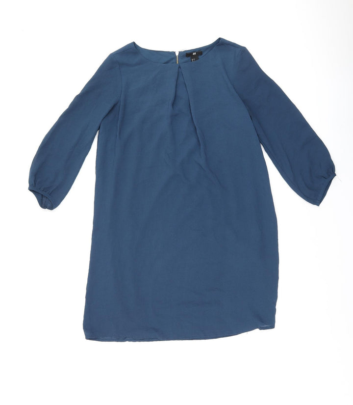 H&M Womens Blue Polyester Shift Size 6 Boat Neck Zip
