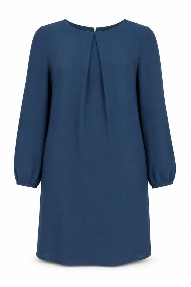 Front view of H&M women’s blue polyester shift, size UK 6, boat neck zip