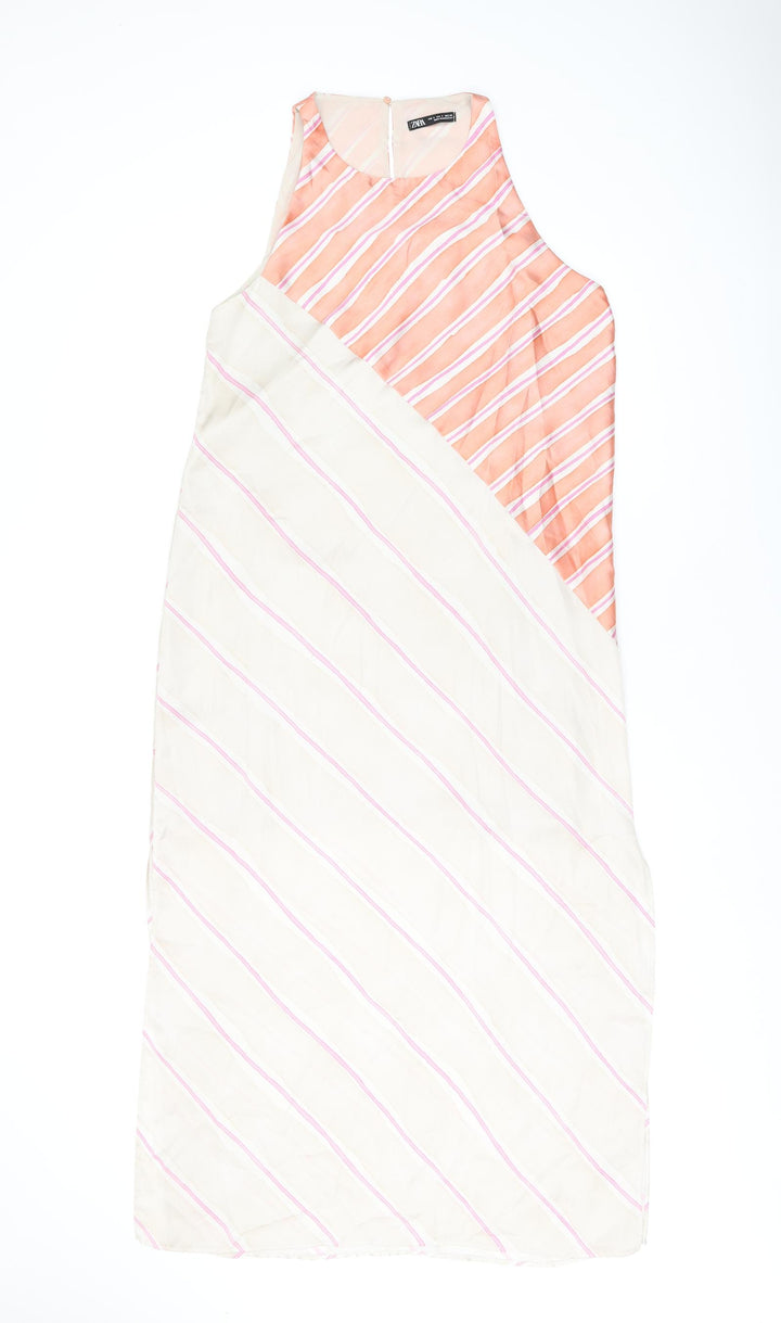 Zara Womens Beige Striped Polyester Shift Size S Round Neck Button