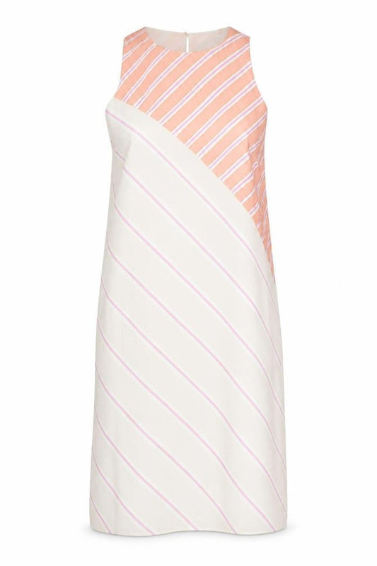 Front view of Zara women’s beige striped polyester shift, size S, round neck button
