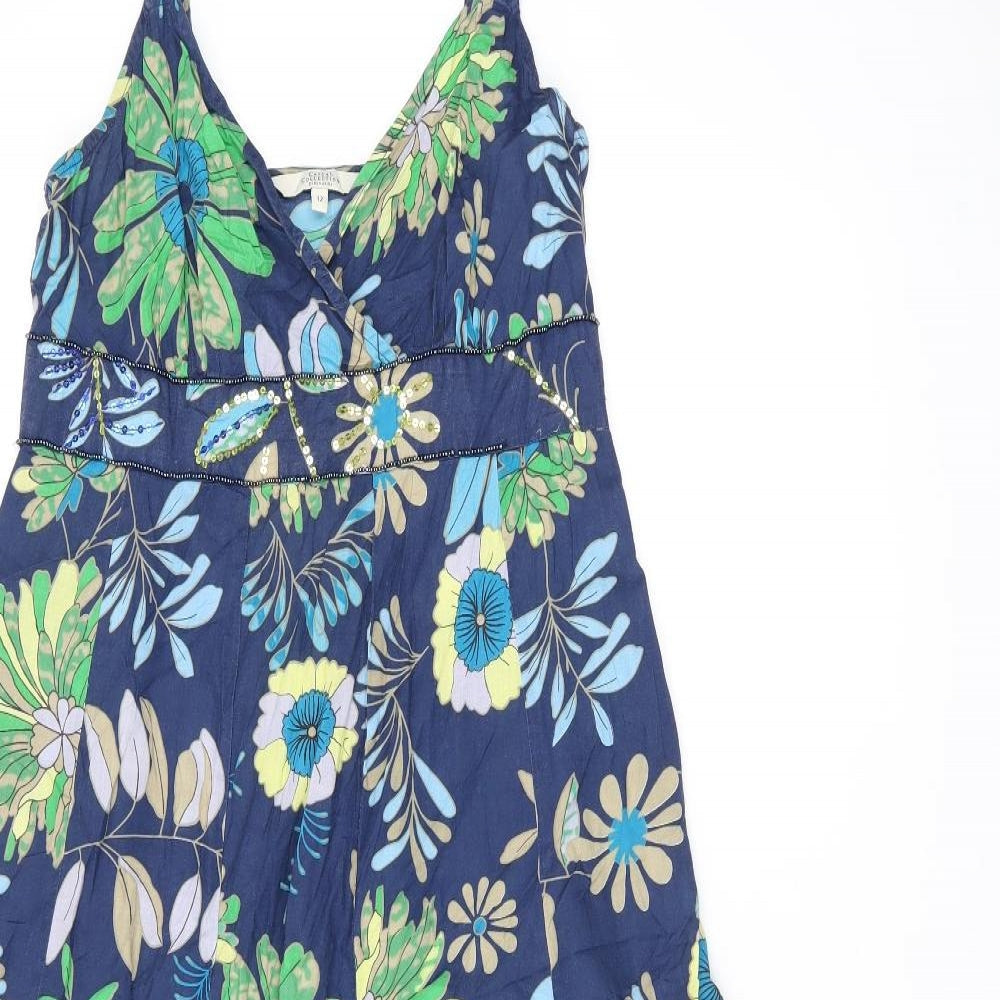 Debenhams Womens Black Floral Polyester A-Line Size 12 V-Neck Zip
