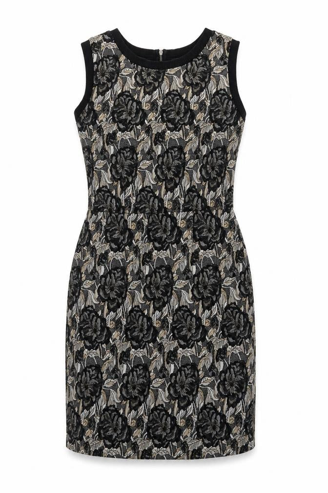 Front view of Next women’s multicoloured floral polyester pencil dress, size UK 8, round neck zip