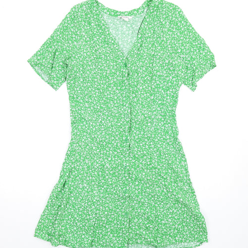 Monki Womens Green Floral Viscose A-Line Size M V-Neck Button