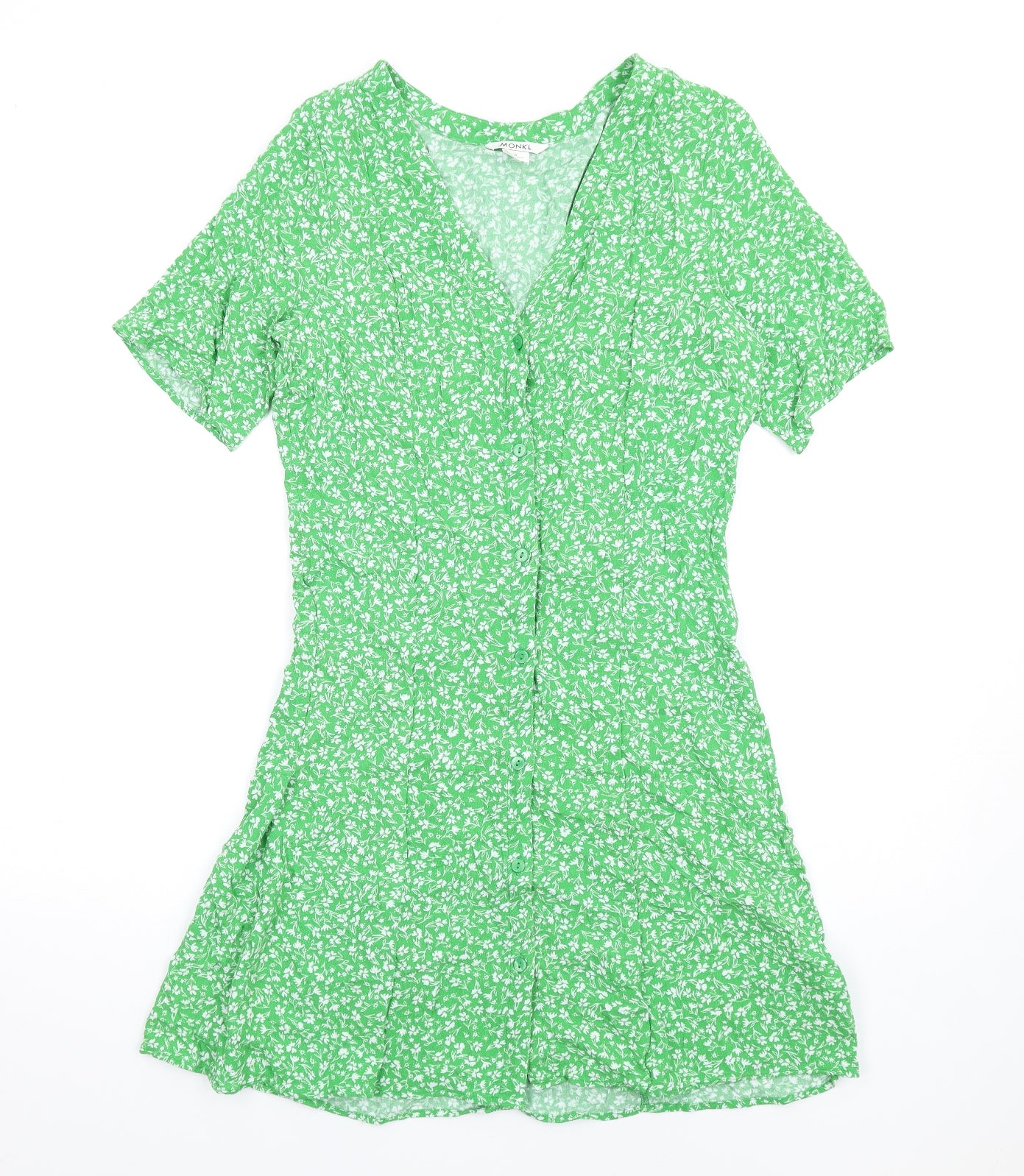 Monki Womens Green Floral Viscose A-Line Size M V-Neck Button