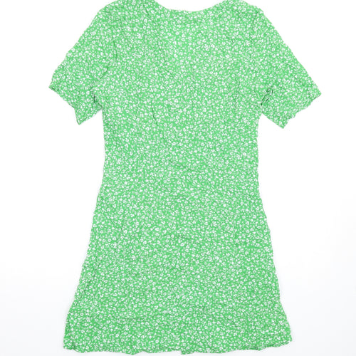 Monki Womens Green Floral Viscose A-Line Size M V-Neck Button