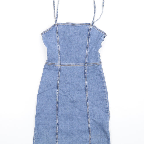 H&M Womens Blue Cotton Mini Size 6 Square Neck Zip