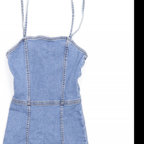 H&M Womens Blue Cotton Mini Size 6 Square Neck Zip