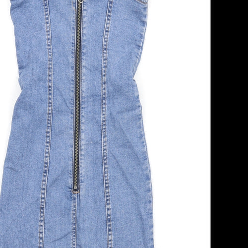 H&M Womens Blue Cotton Mini Size 6 Square Neck Zip