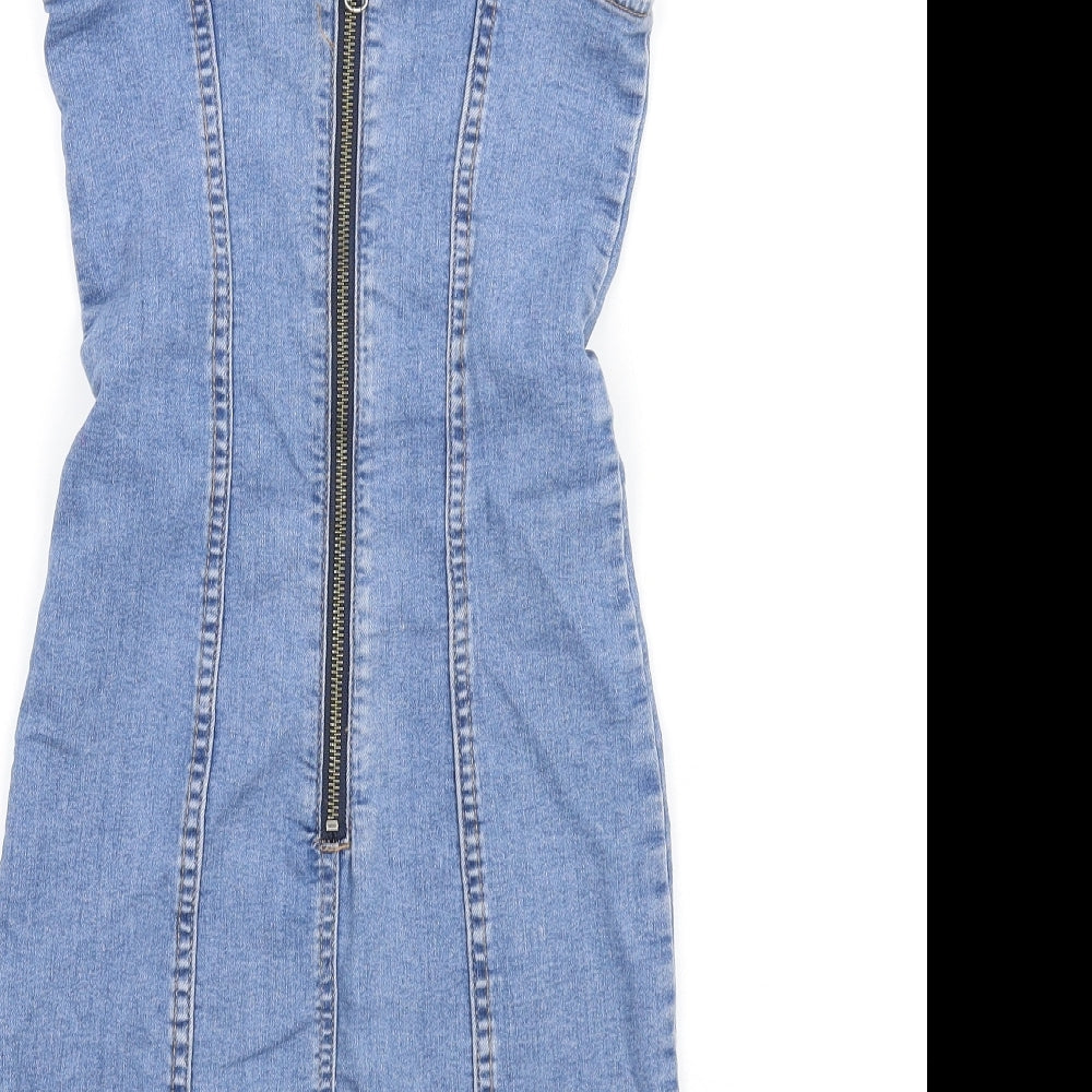 H&M Womens Blue Cotton Mini Size 6 Square Neck Zip
