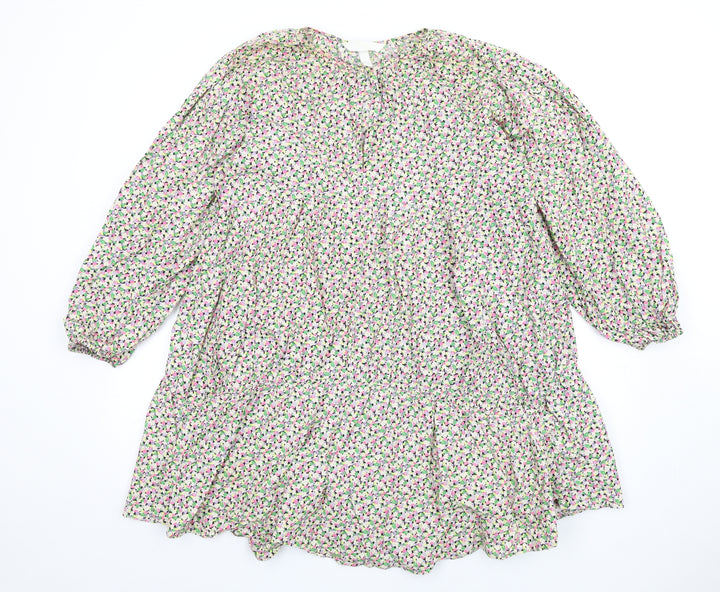 H&M Womens Multicoloured Floral Cotton Trapeze & Swing Size M Round Neck Button