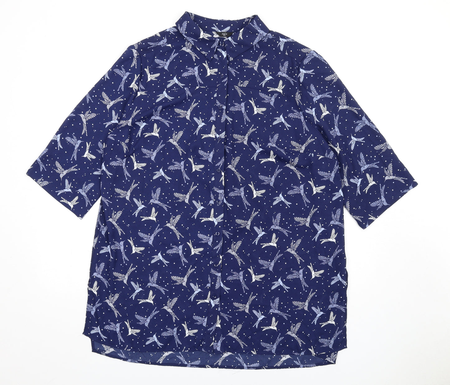 M&Co Womens Blue Geometric Polyester Shirt Dress Size 18 Collared Button - Birds