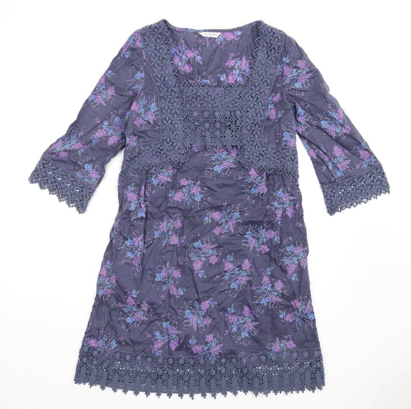 Indigo Womens Blue Floral Cotton A-Line Size 10 Square Neck Pullover