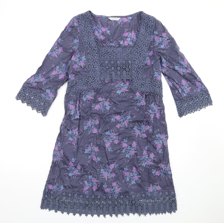 Indigo Womens Blue Floral Cotton A-Line Size 10 Square Neck Pullover