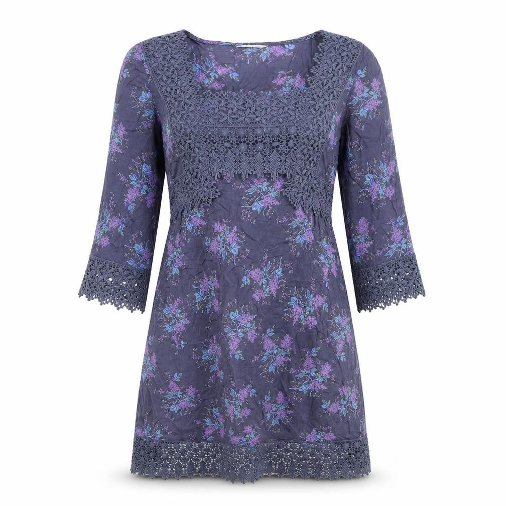 Front view of Indigo women’s blue floral cotton a-line, size UK 10, square neck pullover