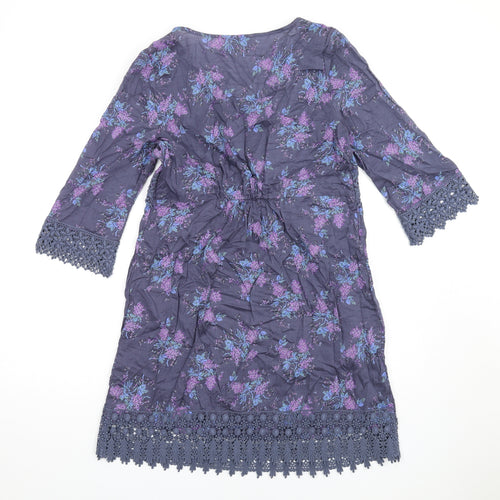 Indigo Womens Blue Floral Cotton A-Line Size 10 Square Neck Pullover