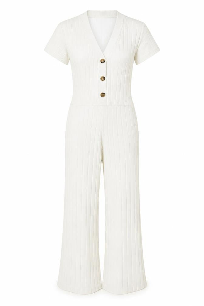 Front view of PRETTYLITTLETHING women’s ivory acrylic jumpsuit one-piece, size S, 30-inch leg pullover