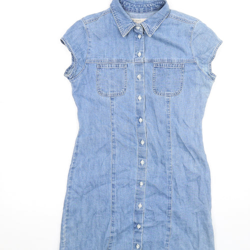 ASOS Womens Blue Cotton Shirt Dress Size 10 Collared Button
