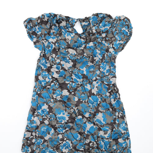 NEXT Womens Blue Floral Viscose A-Line Size 14 Round Neck Button