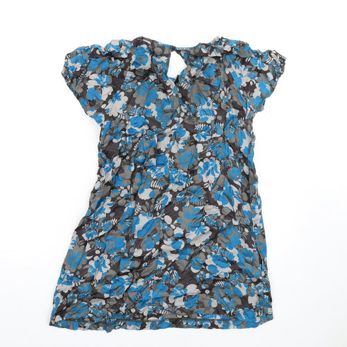 NEXT Womens Blue Floral Viscose A-Line Size 14 Round Neck Button