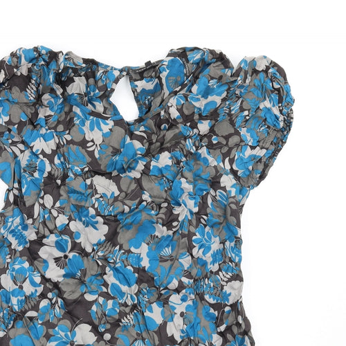 NEXT Womens Blue Floral Viscose A-Line Size 14 Round Neck Button