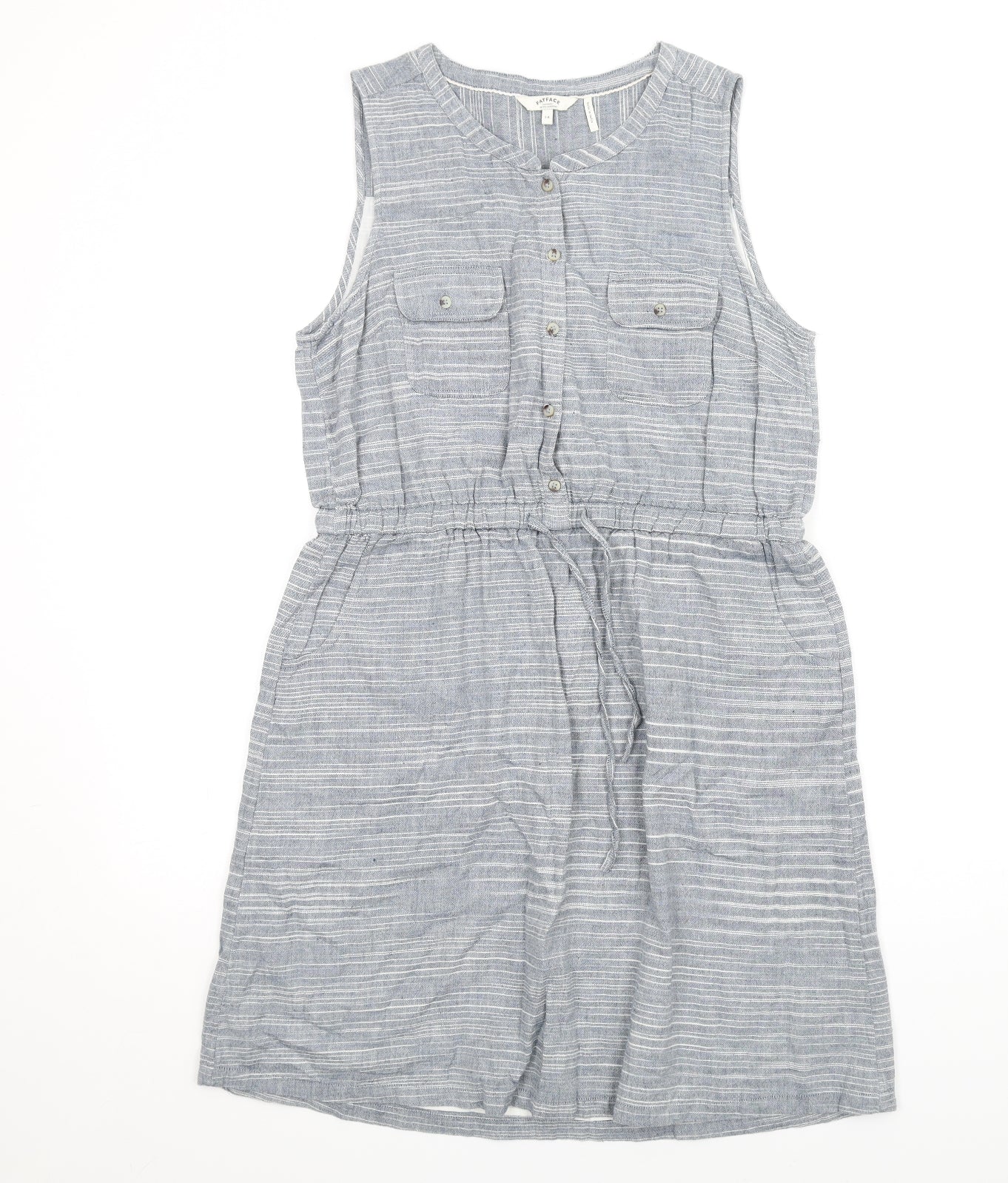 Fat Face Womens Blue Striped Cotton A-Line Size 14 Round Neck Button