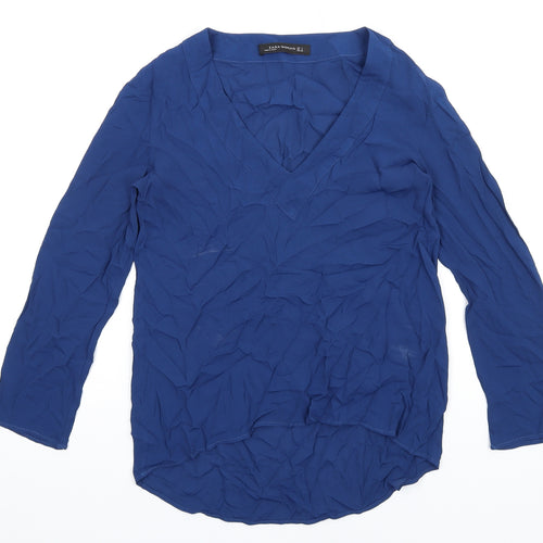 Zara Womens Blue Polyester Basic T-Shirt Size S V-Neck