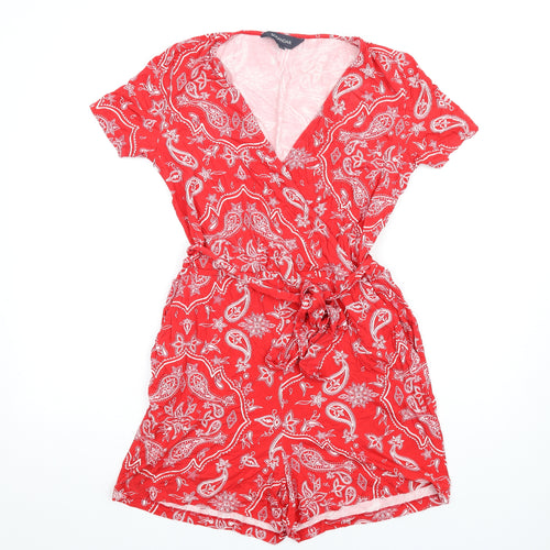 SOSANDAR Womens Red Paisley Vinyl Playsuit One-Piece Size 12 Pullover