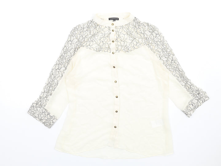 Warehouse Womens Ivory Polyester Basic Button-Up Size 12 Round Neck