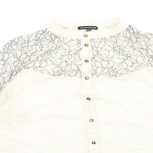 Warehouse Womens Ivory Polyester Basic Button-Up Size 12 Round Neck