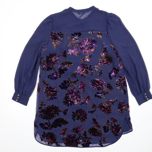 Autograph Womens Blue Floral Viscose Shirt Dress Size 14 Round Neck Button