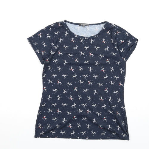 Marks and Spencer Womens Blue Geometric Polyester Basic T-Shirt Size 10 Round Neck - Reindeer