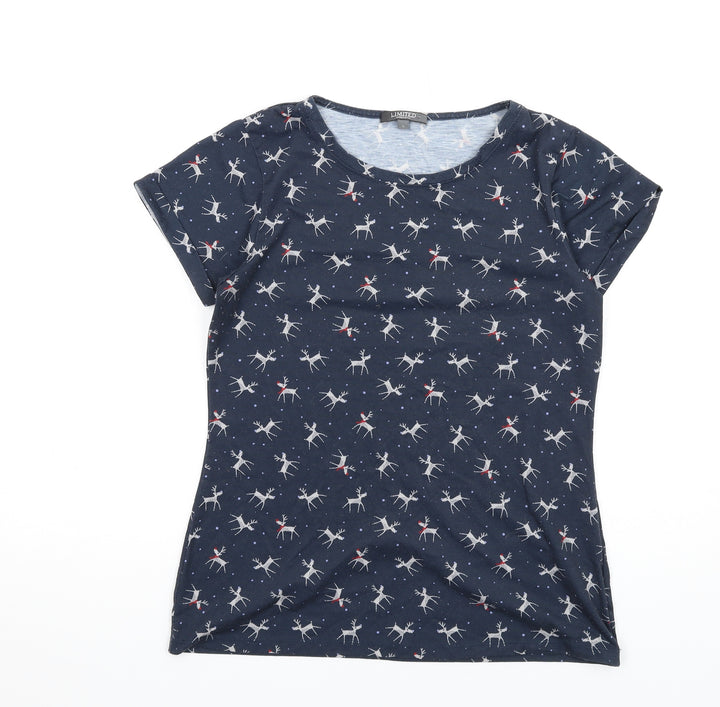 Marks and Spencer Womens Blue Geometric Polyester Basic T-Shirt Size 10 Round Neck - Reindeer
