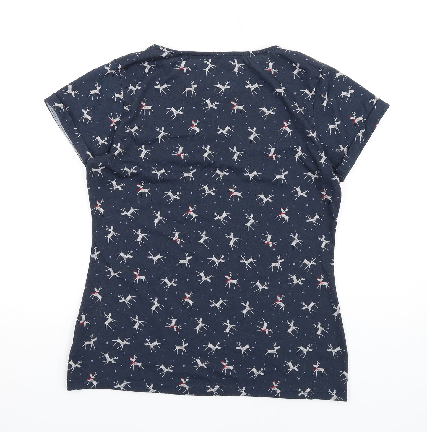 Marks and Spencer Womens Blue Geometric Polyester Basic T-Shirt Size 10 Round Neck - Reindeer