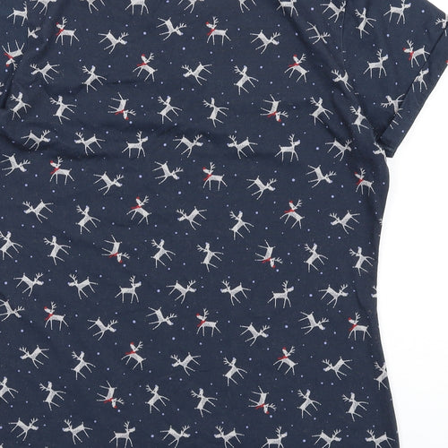 Marks and Spencer Womens Blue Geometric Polyester Basic T-Shirt Size 10 Round Neck - Reindeer
