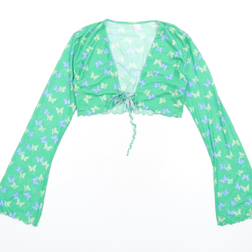 H&M Womens Green Geometric Polyester Cropped T-Shirt Size S V-Neck