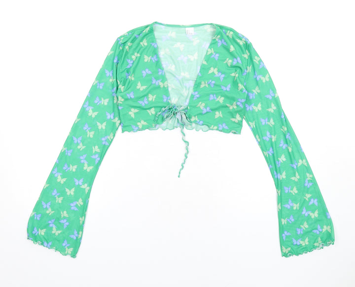 H&M Womens Green Geometric Polyester Cropped T-Shirt Size S V-Neck