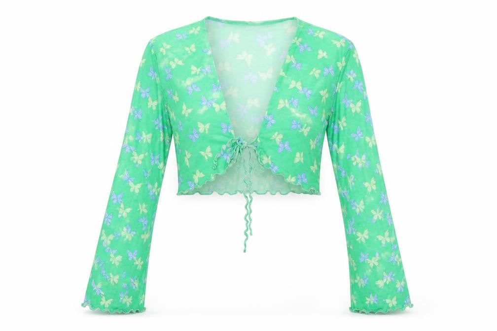 Front view of H&M women’s green geometric polyester cropped t-shirt, size S, v-neck