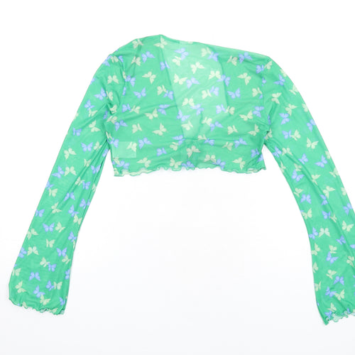 H&M Womens Green Geometric Polyester Cropped T-Shirt Size S V-Neck