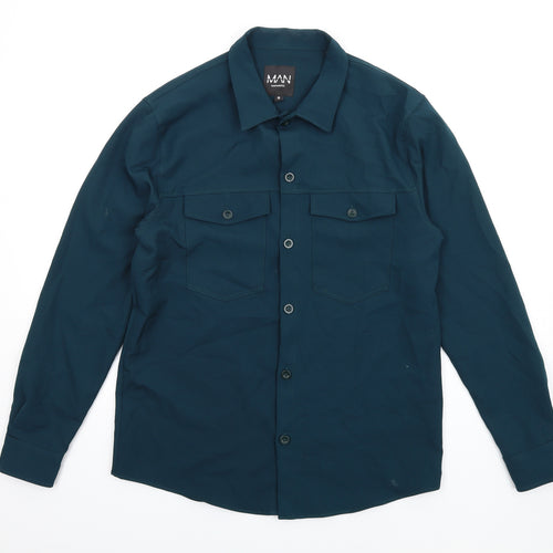 Boohoo Mens Green Polyester Button-Up Size S Collared Button